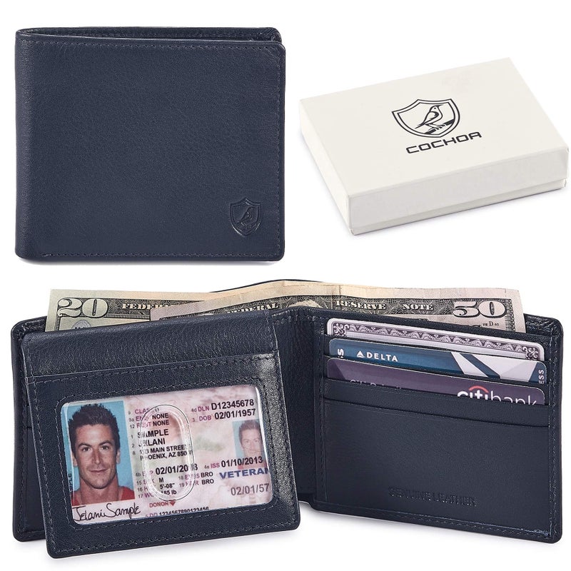 Cochoa Bifold Wallet for Men's Real Genuine Slim Leather RFID Blocking 2 ID Windows Stylish Travel Gift Box (NAPA, MIDNIGHT NAVY) - Image 1
